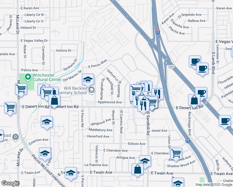 map of restaurants, bars, coffee shops, grocery stores, and more near 3219 Bluebird Street in Las Vegas