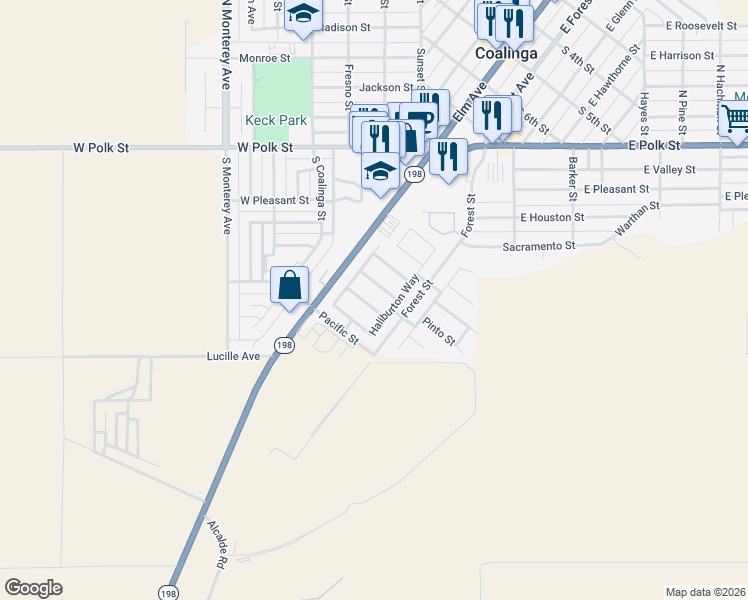 map of restaurants, bars, coffee shops, grocery stores, and more near 180 Cheney Lane in Coalinga