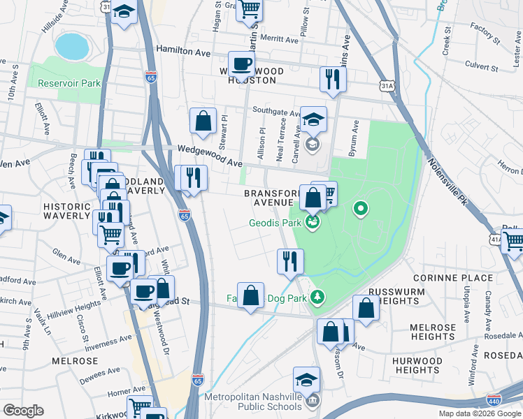 map of restaurants, bars, coffee shops, grocery stores, and more near 601 Benton Avenue in Nashville