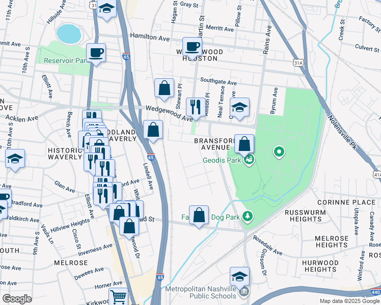 map of restaurants, bars, coffee shops, grocery stores, and more near 625 Benton Avenue in Nashville