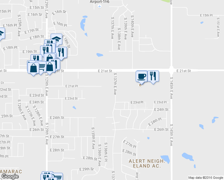 map of restaurants, bars, coffee shops, grocery stores, and more near 2302 South 137th East Avenue in Tulsa