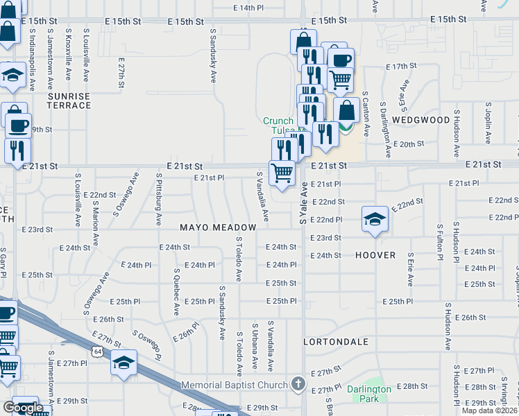 map of restaurants, bars, coffee shops, grocery stores, and more near 2226 South Vandalia Avenue in Tulsa
