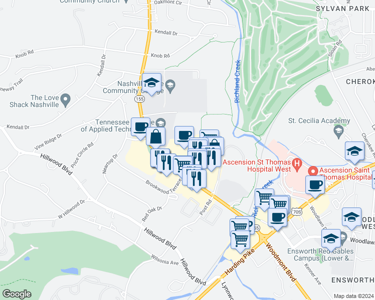 map of restaurants, bars, coffee shops, grocery stores, and more near 26 White Bridge Road in Nashville