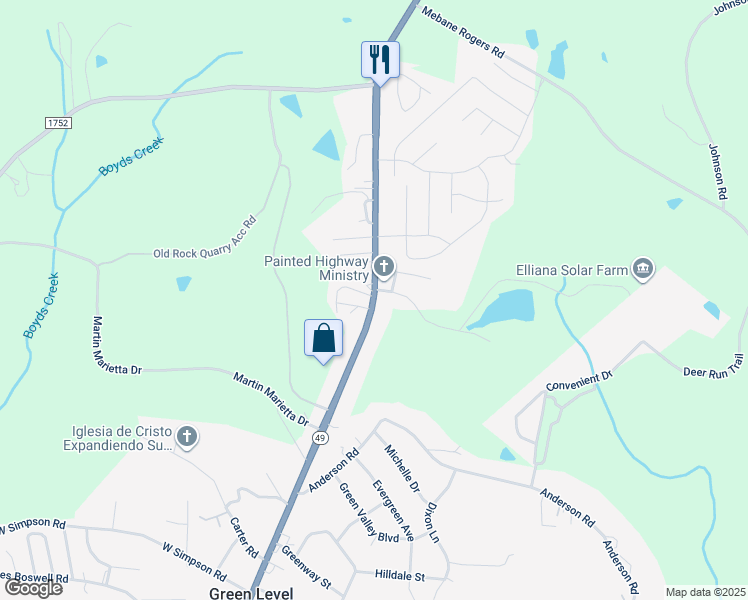 map of restaurants, bars, coffee shops, grocery stores, and more near 1835 Highway 49 in Green Level