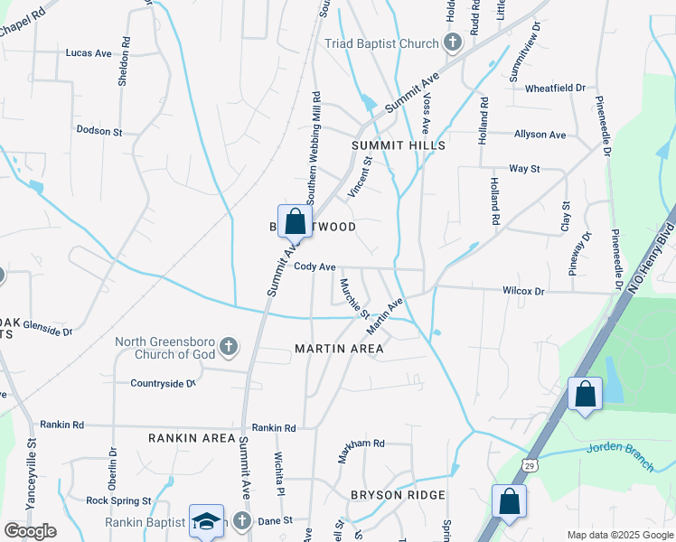 map of restaurants, bars, coffee shops, grocery stores, and more near 1626 Cody Avenue in Greensboro
