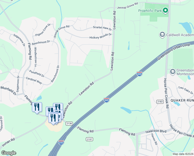 map of restaurants, bars, coffee shops, grocery stores, and more near 3540 Lewiston Road in Greensboro