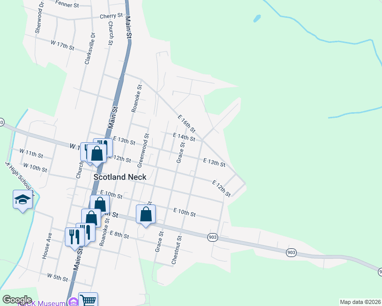 map of restaurants, bars, coffee shops, grocery stores, and more near 1209 Grace Street in Scotland Neck