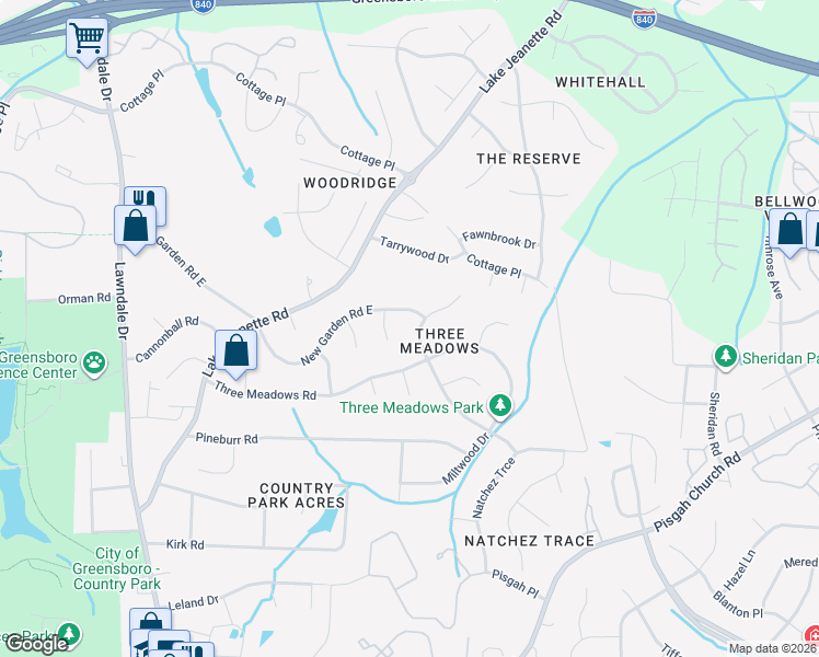 map of restaurants, bars, coffee shops, grocery stores, and more near 1710 Three Meadows Road in Greensboro