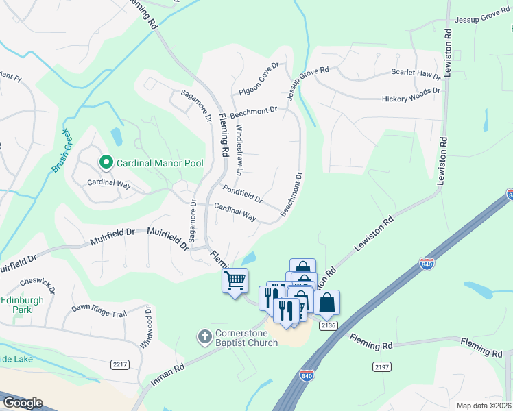 map of restaurants, bars, coffee shops, grocery stores, and more near 5405 Cardinal Way in Greensboro