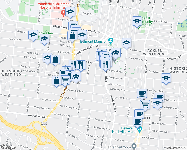 map of restaurants, bars, coffee shops, grocery stores, and more near 2208 18th Avenue South in Nashville