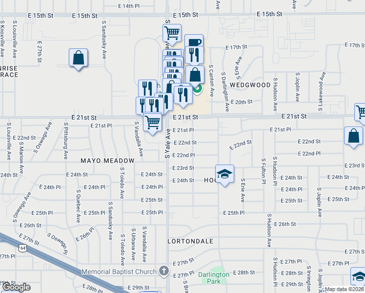 map of restaurants, bars, coffee shops, grocery stores, and more near 4944 East 22nd Place in Tulsa