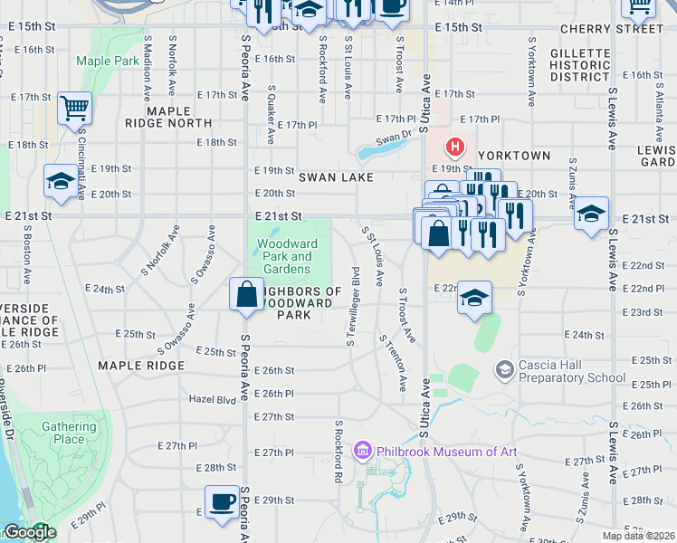map of restaurants, bars, coffee shops, grocery stores, and more near 2267 South Rockford Avenue in Tulsa