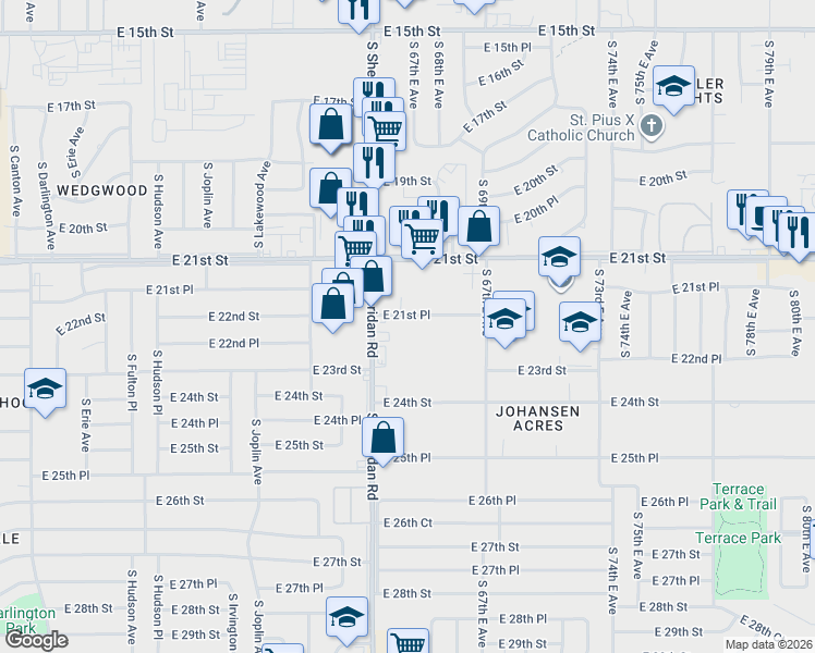 map of restaurants, bars, coffee shops, grocery stores, and more near 6530 East 21st Place in Tulsa
