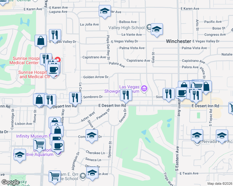 map of restaurants, bars, coffee shops, grocery stores, and more near 3223 Sundown Drive in Las Vegas
