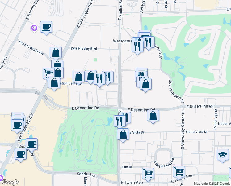 map of restaurants, bars, coffee shops, grocery stores, and more near 3225 Paradise Road in Las Vegas
