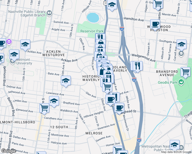 map of restaurants, bars, coffee shops, grocery stores, and more near 2033 8th Avenue South in Nashville