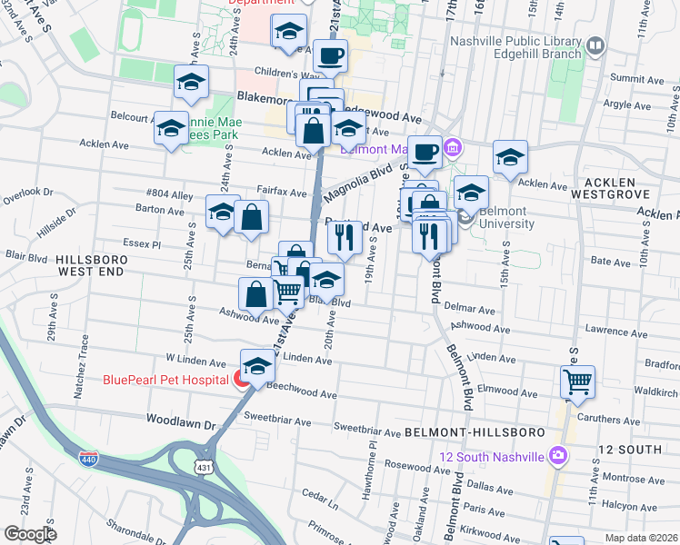 map of restaurants, bars, coffee shops, grocery stores, and more near 2015 20th Avenue in Nashville