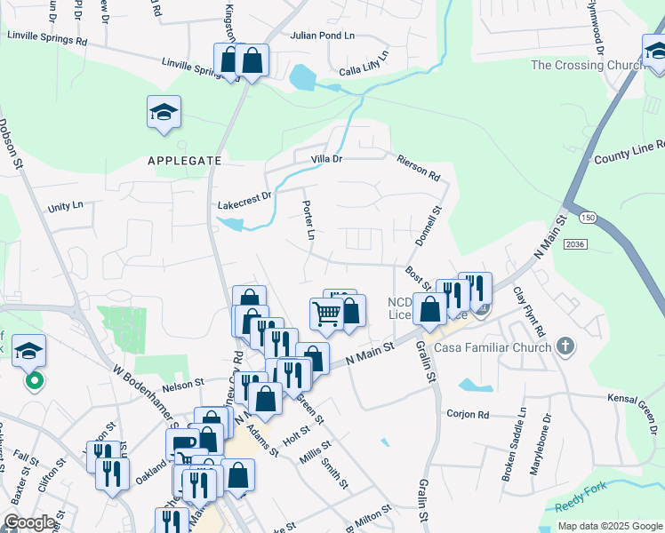 map of restaurants, bars, coffee shops, grocery stores, and more near 594 Bost Crossing in Kernersville
