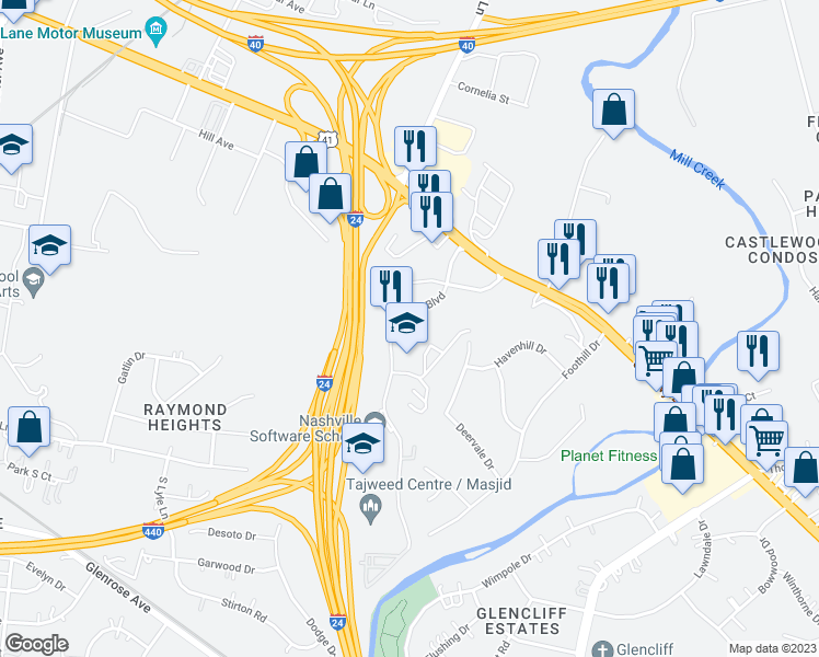 map of restaurants, bars, coffee shops, grocery stores, and more near 324 Plus Park Boulevard in Nashville