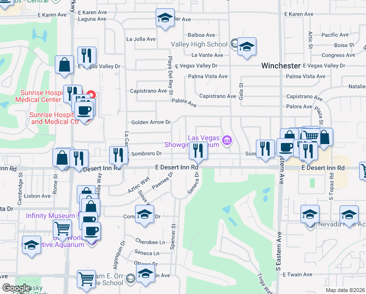 map of restaurants, bars, coffee shops, grocery stores, and more near 3223 Sundown Drive in Las Vegas