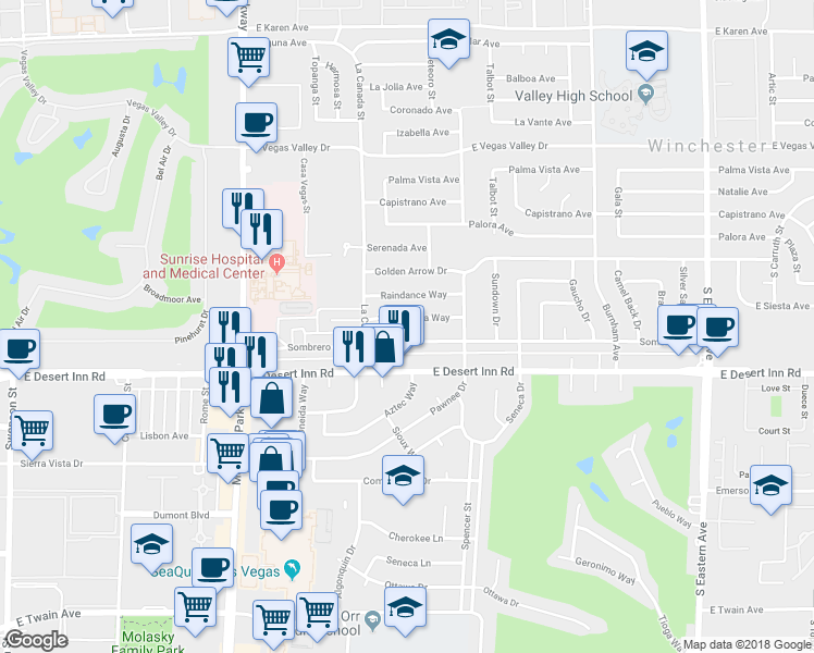 map of restaurants, bars, coffee shops, grocery stores, and more near 1571 Raindance Way in Las Vegas