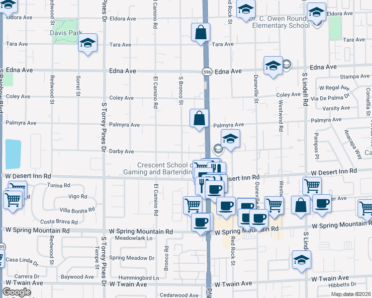 map of restaurants, bars, coffee shops, grocery stores, and more near 3150 South Bronco Street in Las Vegas