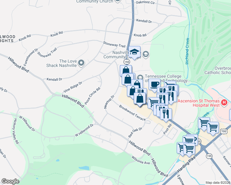 map of restaurants, bars, coffee shops, grocery stores, and more near 827 Neartop Drive in Nashville