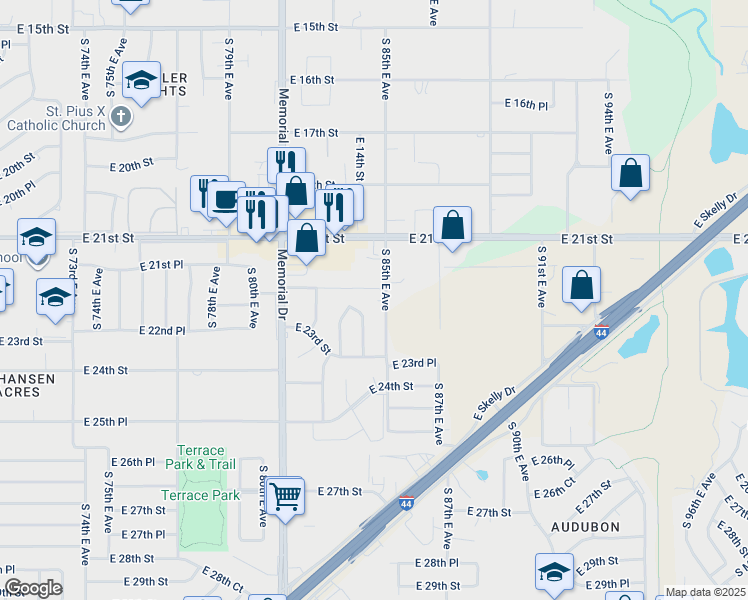 map of restaurants, bars, coffee shops, grocery stores, and more near 2154 South 85th East Avenue in Tulsa