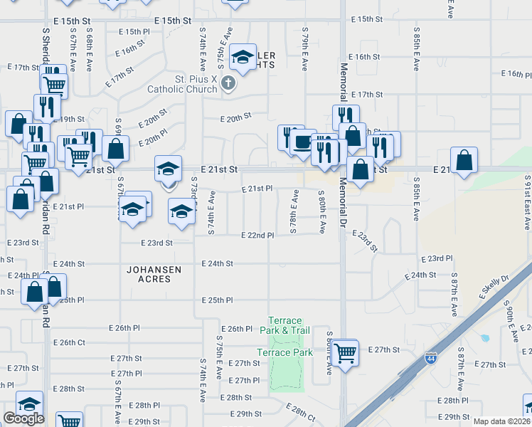 map of restaurants, bars, coffee shops, grocery stores, and more near 2138 South 76th East Place in Tulsa
