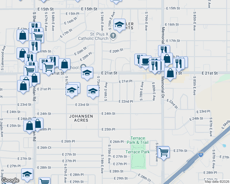 map of restaurants, bars, coffee shops, grocery stores, and more near 2141 South 75th East Avenue in Tulsa