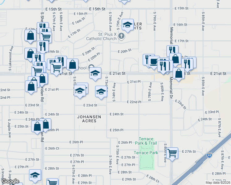 map of restaurants, bars, coffee shops, grocery stores, and more near 2144 South 74th East Avenue in Tulsa