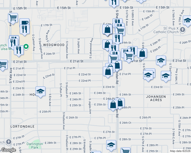 map of restaurants, bars, coffee shops, grocery stores, and more near 5856 East 21st Place in Tulsa