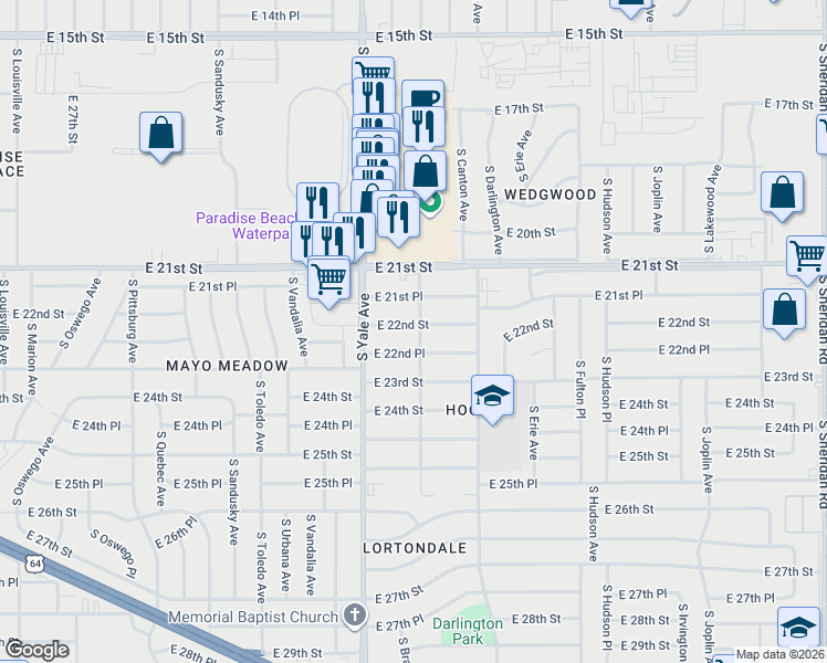 map of restaurants, bars, coffee shops, grocery stores, and more near 4948 East 21st Place in Tulsa