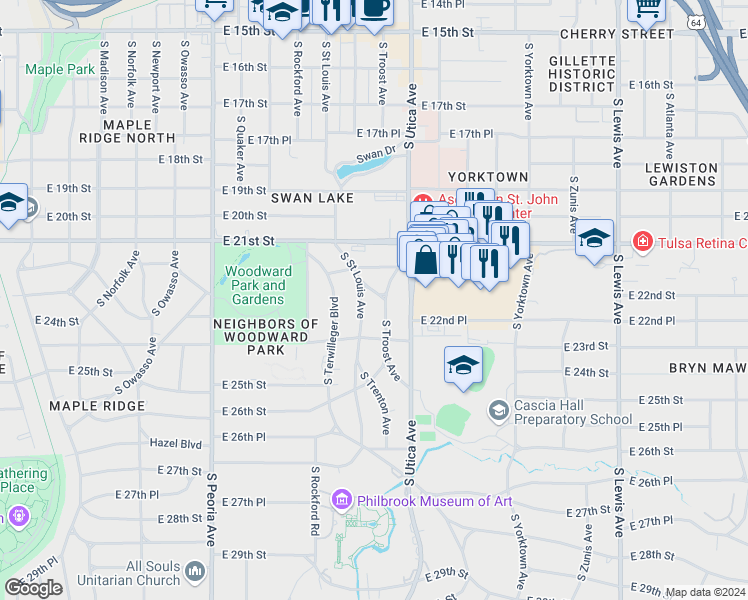 map of restaurants, bars, coffee shops, grocery stores, and more near 2216 South Troost Avenue in Tulsa