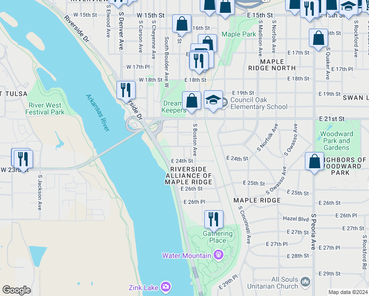 map of restaurants, bars, coffee shops, grocery stores, and more near 18 East 22nd Street in Tulsa
