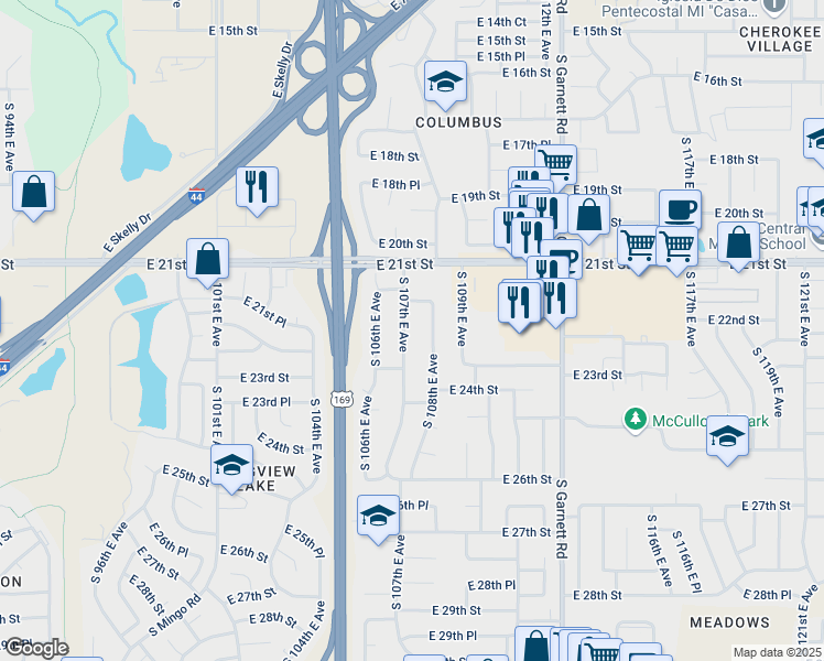 map of restaurants, bars, coffee shops, grocery stores, and more near 2206 South 107th East Avenue in Tulsa