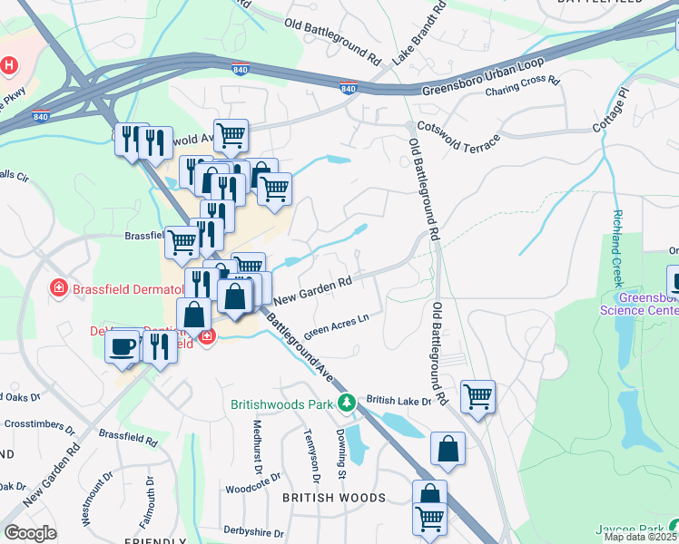 map of restaurants, bars, coffee shops, grocery stores, and more near 2215 New Garden Road in Greensboro