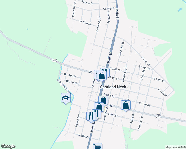 map of restaurants, bars, coffee shops, grocery stores, and more near 219 W 12th St in Scotland Neck