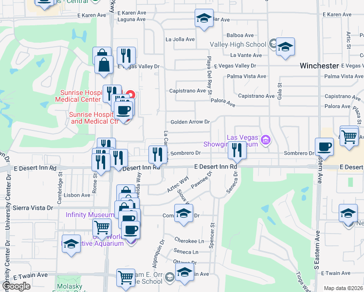 map of restaurants, bars, coffee shops, grocery stores, and more near 1589 Silver Mesa Way in Las Vegas