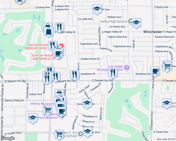 map of restaurants, bars, coffee shops, grocery stores, and more near 1607 Silver Mesa Way in Las Vegas