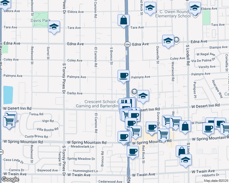 map of restaurants, bars, coffee shops, grocery stores, and more near 3150 South Bronco Street in Las Vegas