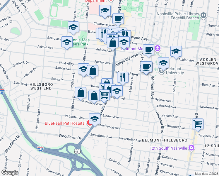 map of restaurants, bars, coffee shops, grocery stores, and more near 2021 21st Avenue South in Nashville