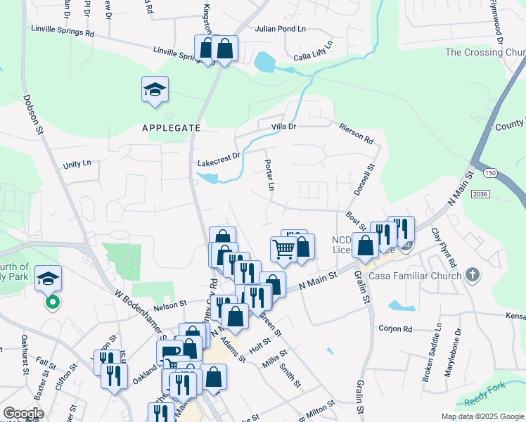 map of restaurants, bars, coffee shops, grocery stores, and more near 587 Porter Lane in Kernersville