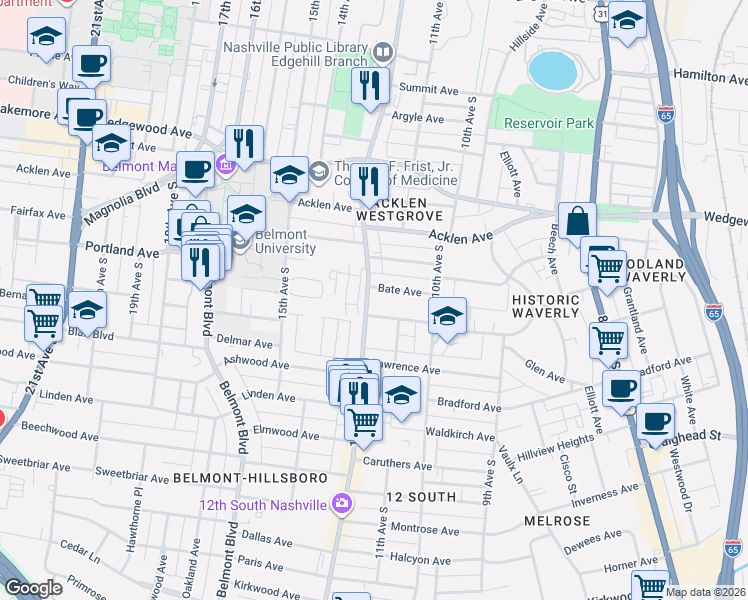 map of restaurants, bars, coffee shops, grocery stores, and more near 1112 Bate Avenue in Nashville