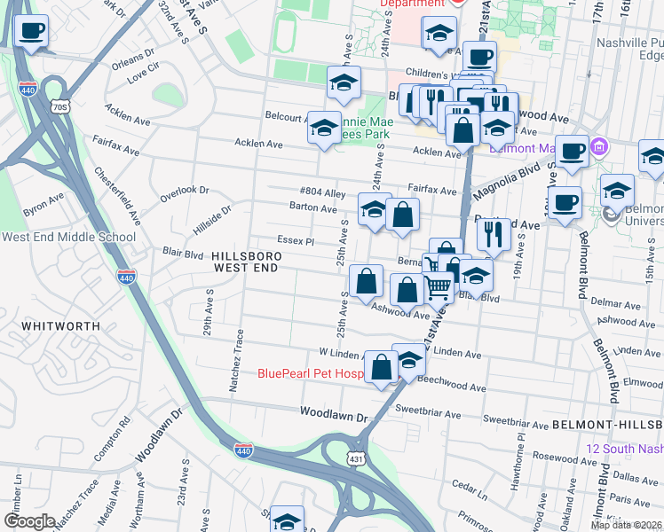 map of restaurants, bars, coffee shops, grocery stores, and more near 2507 Essex Place in Nashville