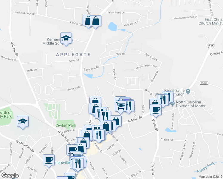 map of restaurants, bars, coffee shops, grocery stores, and more near 587 Porter Lane in Kernersville