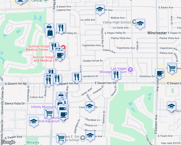 map of restaurants, bars, coffee shops, grocery stores, and more near 1571 Raindance Way in Las Vegas
