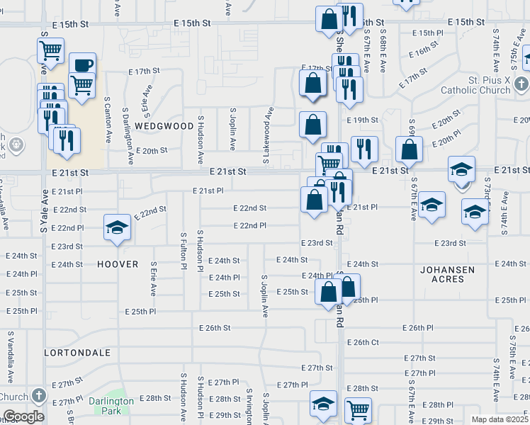 map of restaurants, bars, coffee shops, grocery stores, and more near 5856 East 21st Place in Tulsa