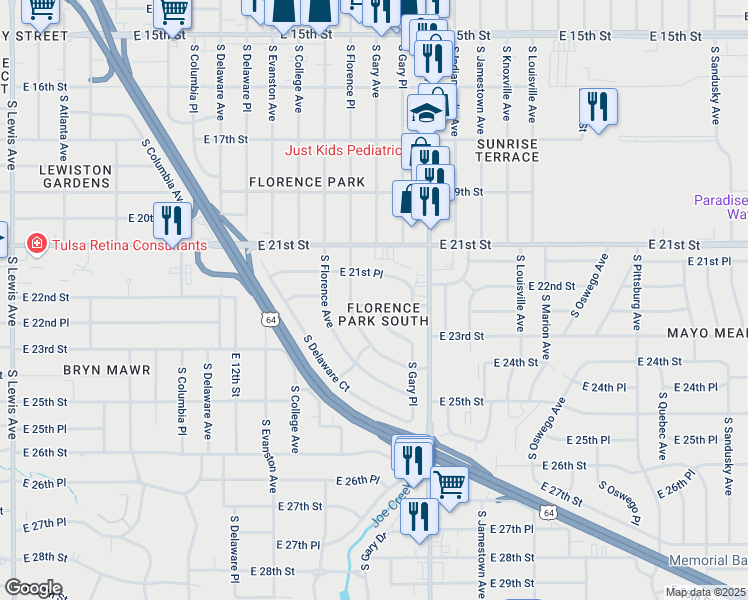 map of restaurants, bars, coffee shops, grocery stores, and more near 3151 East 22nd Street in Tulsa