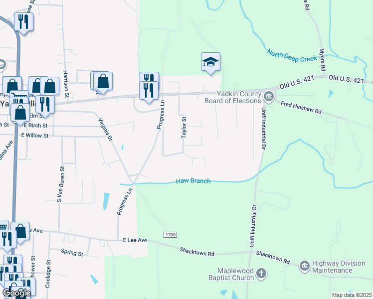 map of restaurants, bars, coffee shops, grocery stores, and more near 600 Alan Drive in Yadkinville